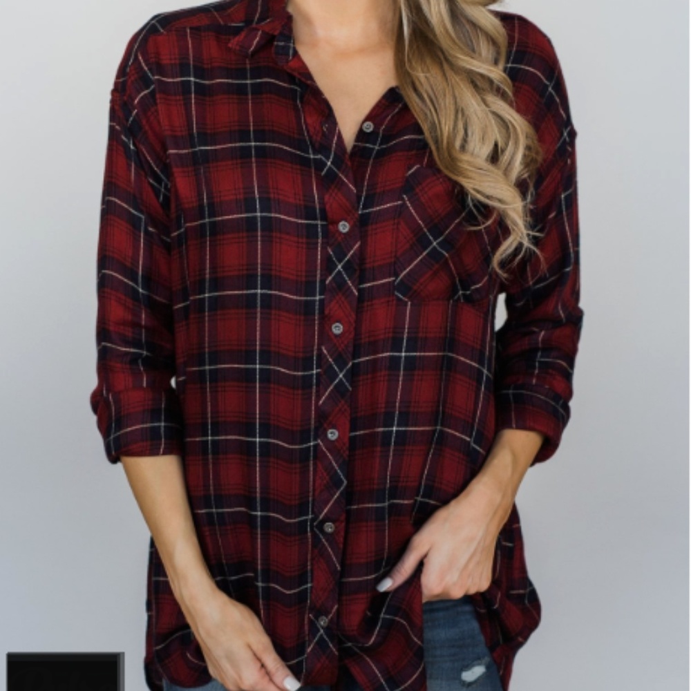 Dark red plaid boutique button-up